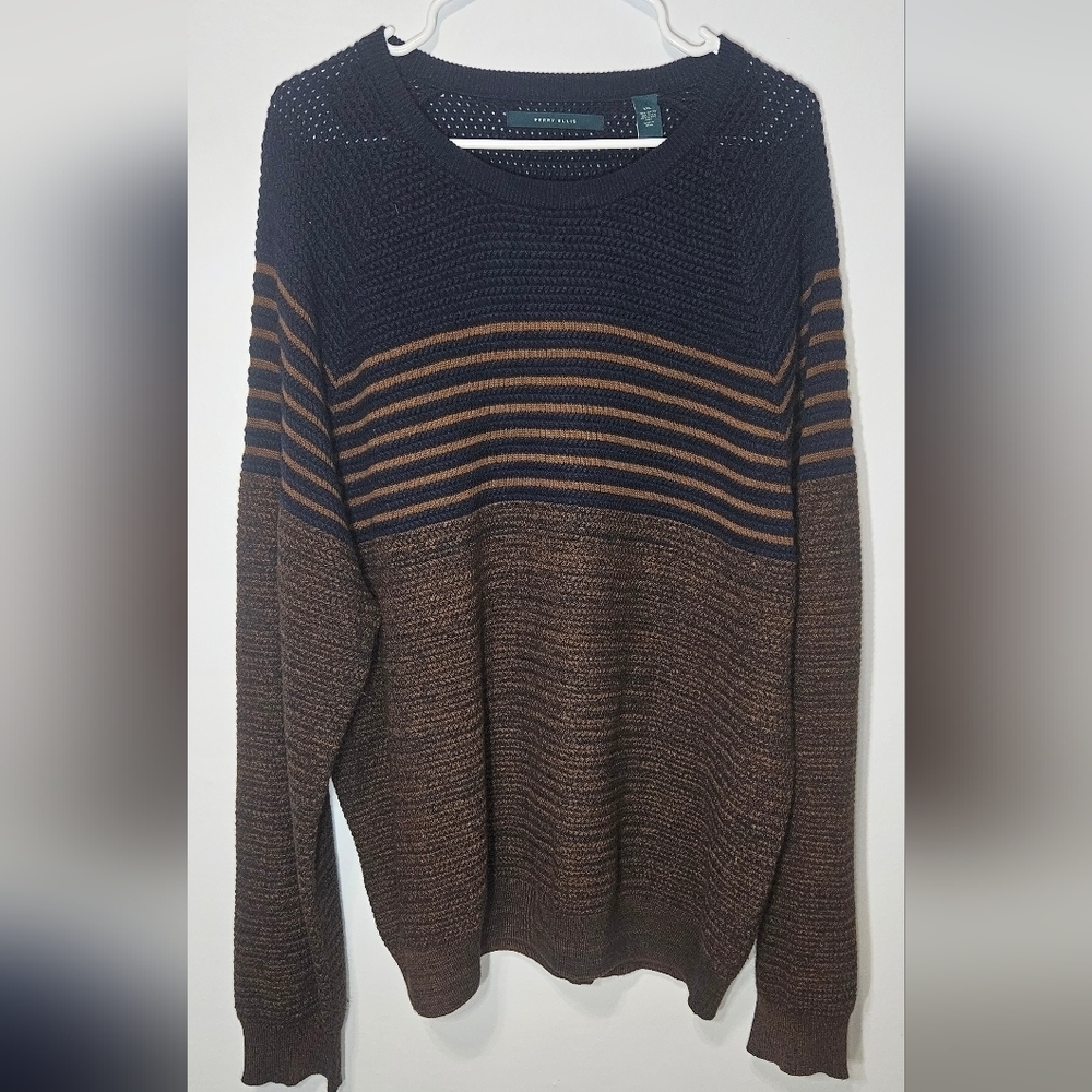 Perry Ellis Sweater Cotton Wool Rayon Striped Navy Brown XXL